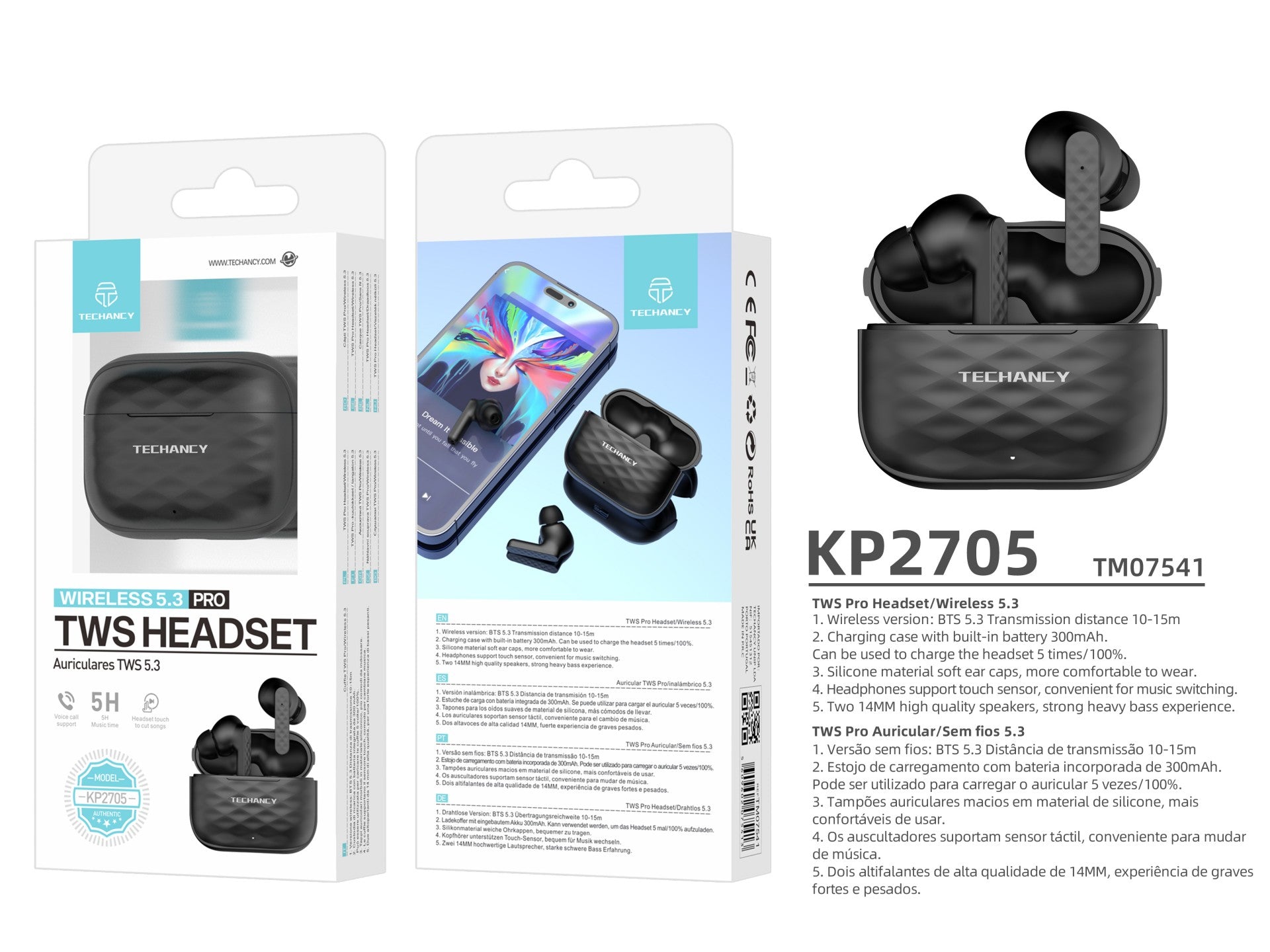 Techancy Auscultadores Sem Fios Pretos, KP2705, Ligação Estéreo Sem Fios De 10 M, Reprodução De Música Durante 3-4 Horas