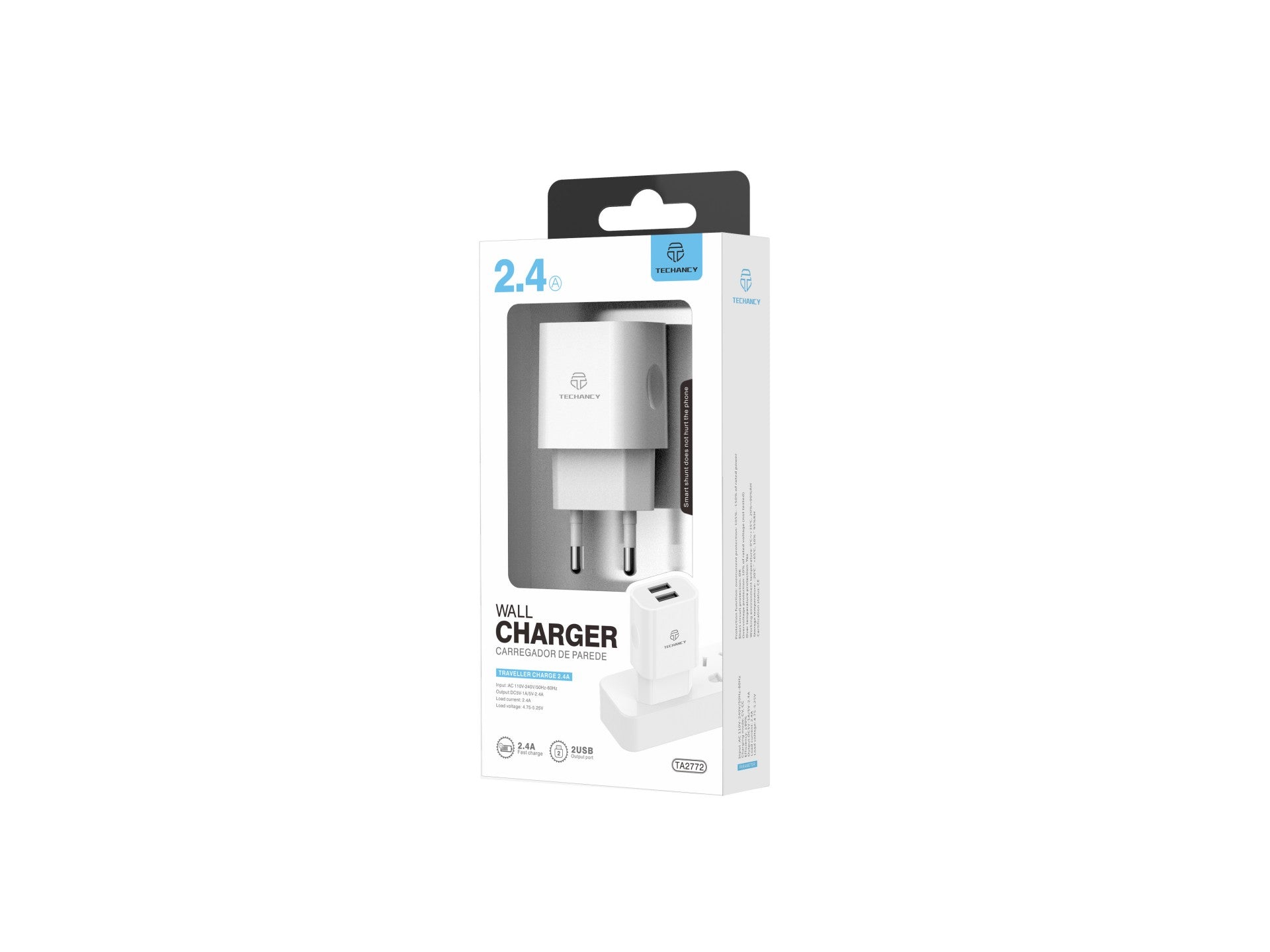 Techancy Carregador De Parede Usb Branco TA2772, Carregamento 5V-2.4A 2usb Compatível Com Diferentes Necessidades De Dispositivos