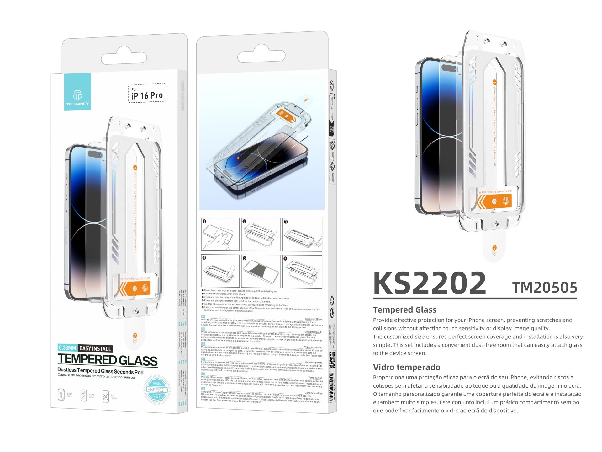 Techancy Protetor De Ecrã De Vidro Temperado KS2202, Compatível Com O Iphone 16 Pro, Fornecido Com Caixa De Instalação Rápida
