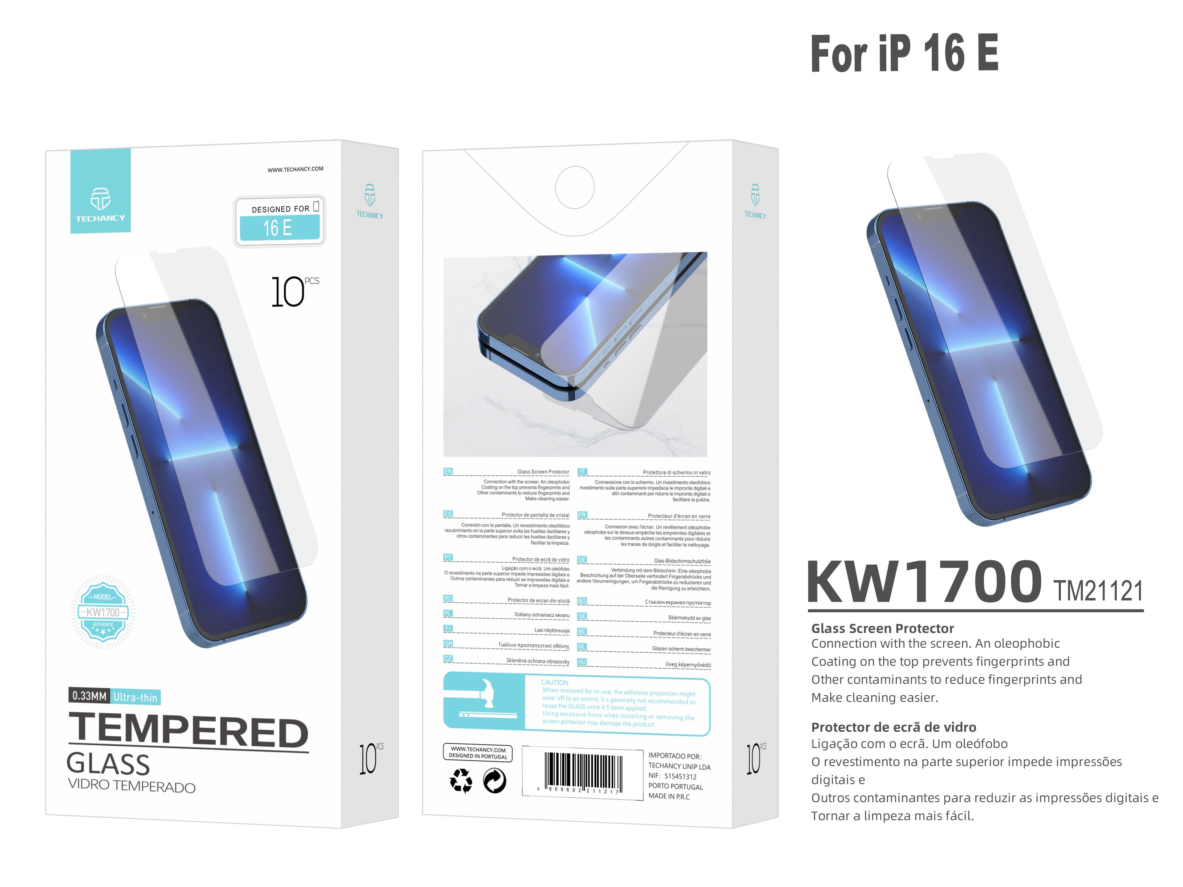 Techancy Pelicula de Vidro para iPhone 16 e KW1700 0.33mm Ultra Fina 9H Anti Impressao Protecao Transparente