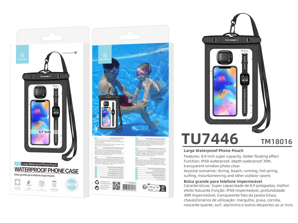 Techancy Bolsa Para Telemóvel À Prova De Água TU7446, 8,9”, Grande Capacidade, Compatível Com Mais Dispositivos, Preto