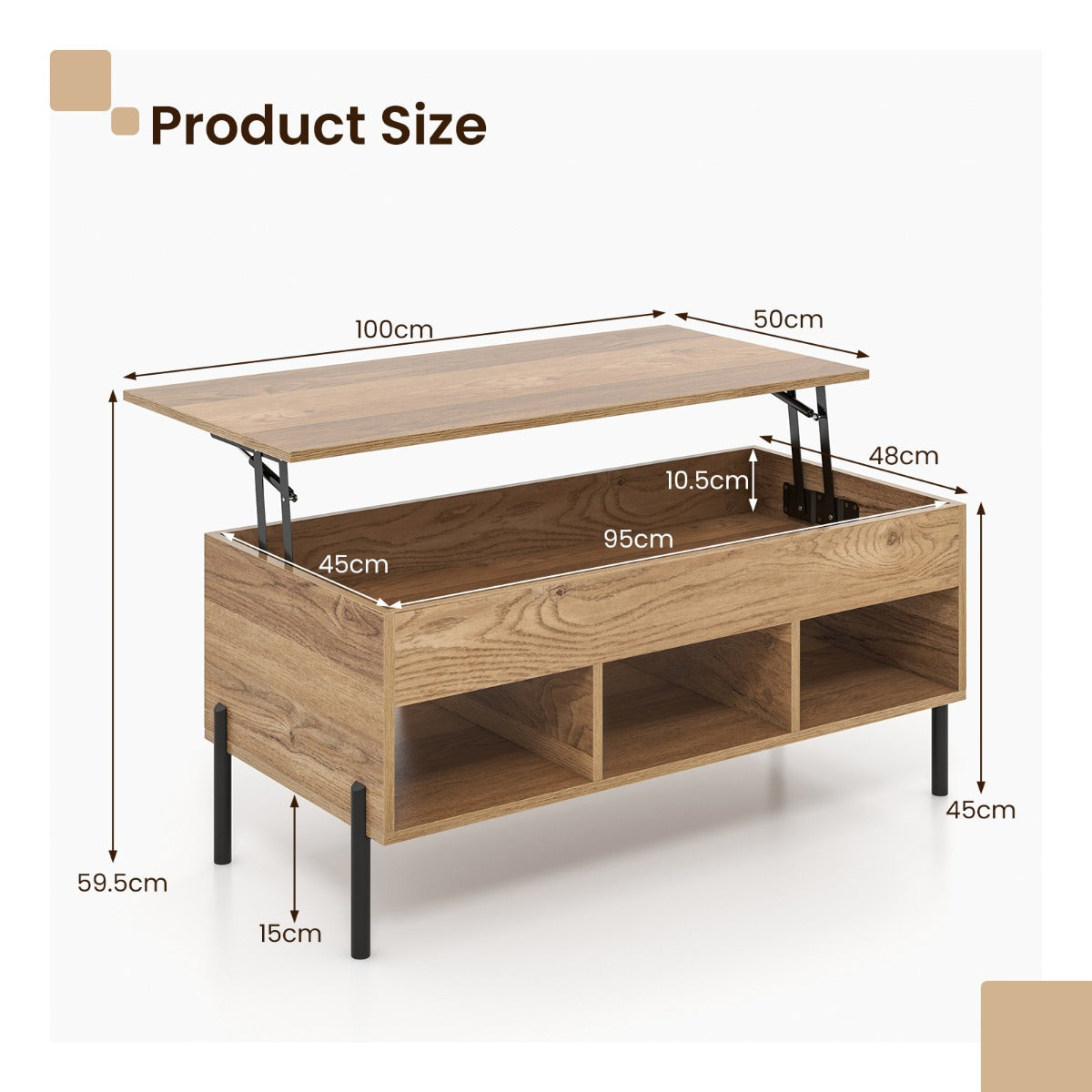 NNECW Lift Top Coffee Table with Hidden Compartment & 3 Open Cubbies