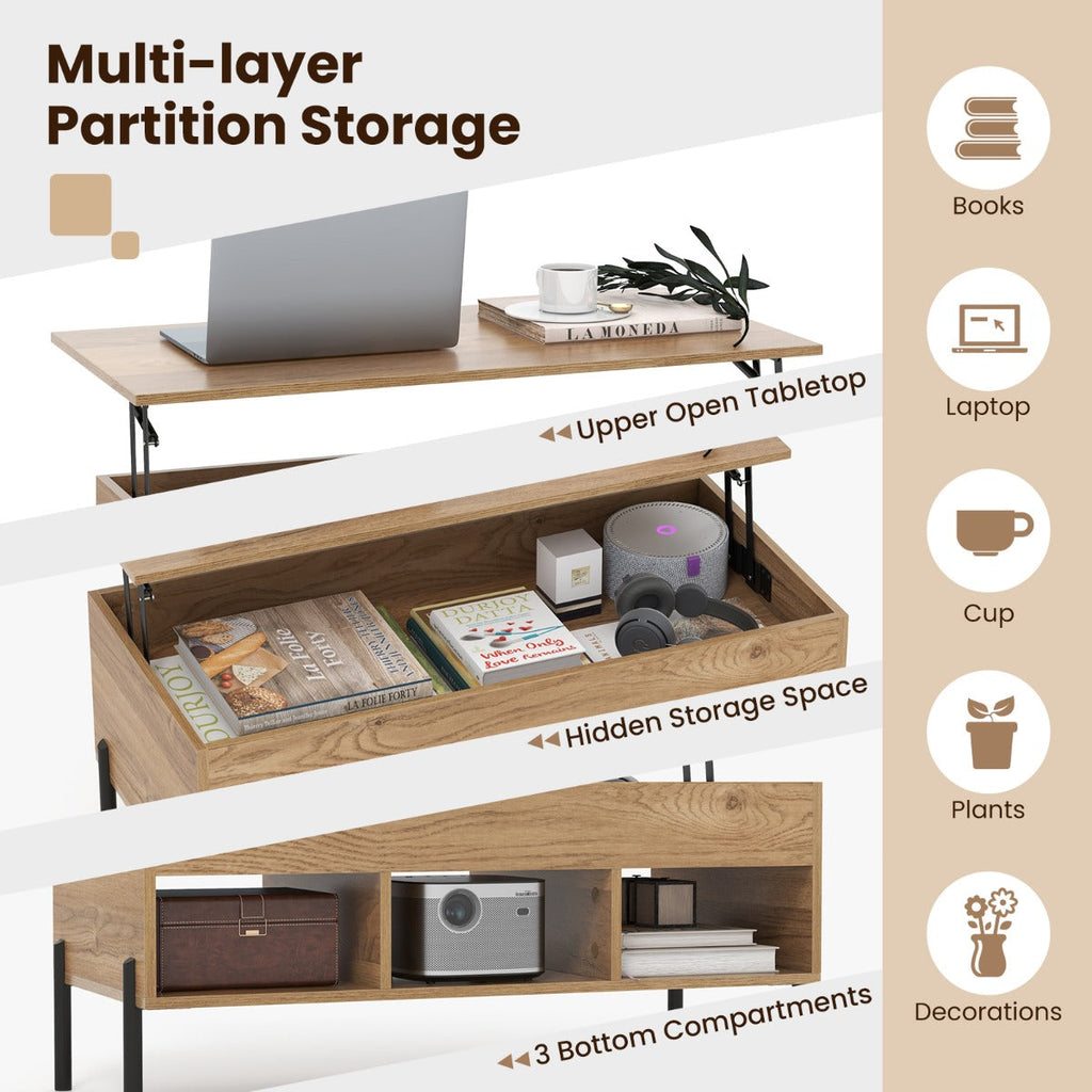 NNECW Lift Top Coffee Table with Hidden Compartment & 3 Open Cubbies