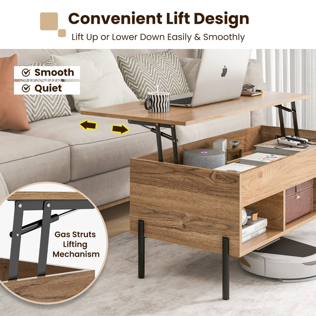 NNECW Lift Top Coffee Table with Hidden Compartment & 3 Open Cubbies